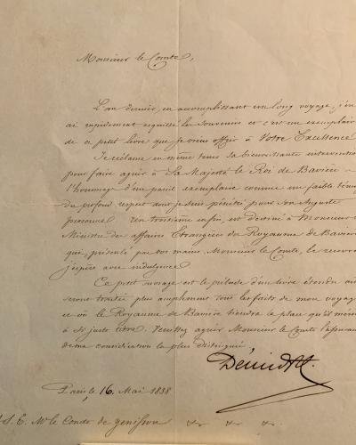 Letter from Anatole Demidoff signed and dated 16 May 1838 accompanying gift of a signed copy of 'Esquisses D'Un Voyage'